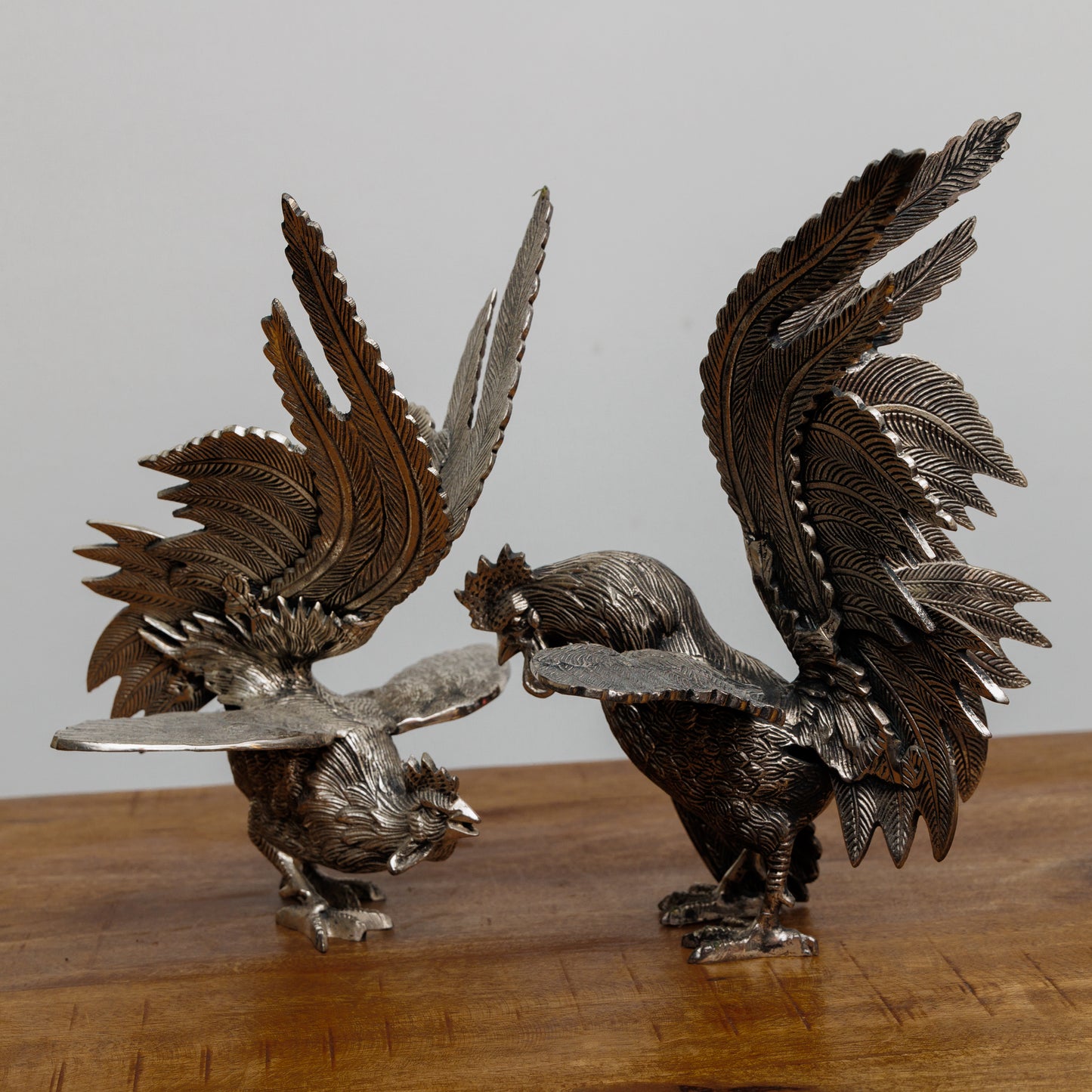 SC-007 BRASS ROOSTERS - SET OF TWO WITH HANDMADE DETAILS ONE-OF-A-KIND
