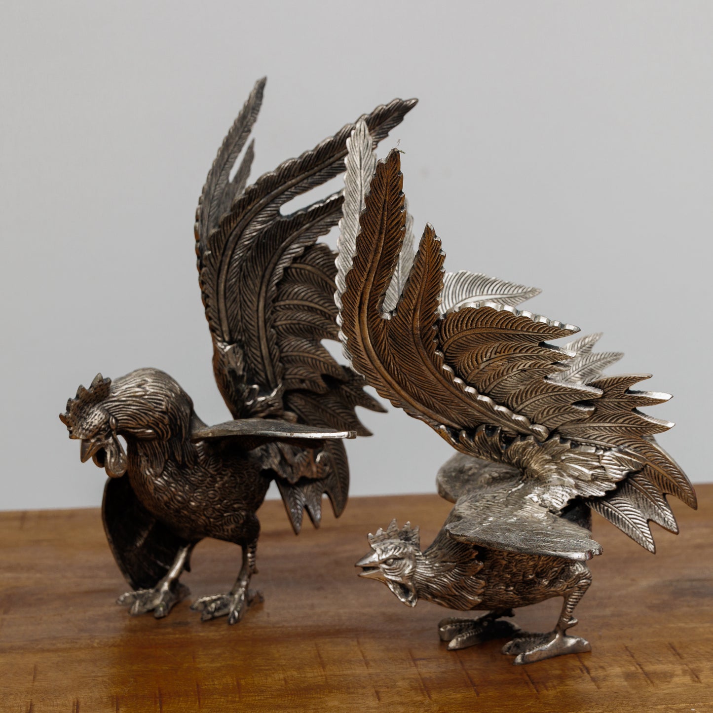 SC-007 BRASS ROOSTERS - SET OF TWO WITH HANDMADE DETAILS  ONE-OF-A-KIND