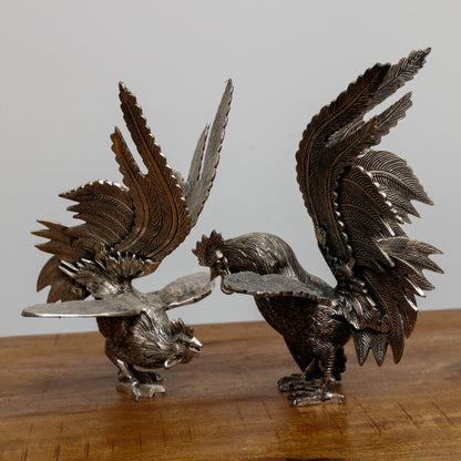 SC-007 BRASS ROOSTERS - SET OF TWO WITH HANDMADE DETAILS  ONE-OF-A-KIND