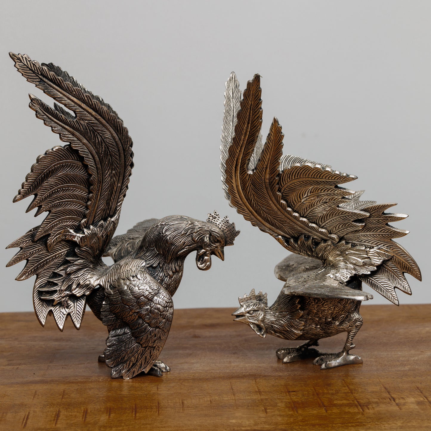 SC-007 BRASS ROOSTERS - SET OF TWO WITH HANDMADE DETAILS  ONE-OF-A-KIND