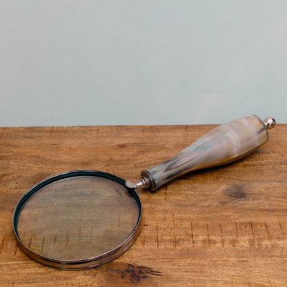 HD-001 LARGE MAGNIFYING GLASS WITH BEAUTIFUL HORN HANDLE - CHROME ONE-OF-A KIND