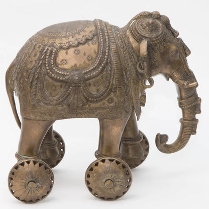 SC001 ONE OF A KIND BRASS ELEPHANT ON WHEELS - HANDMADE DETAILS