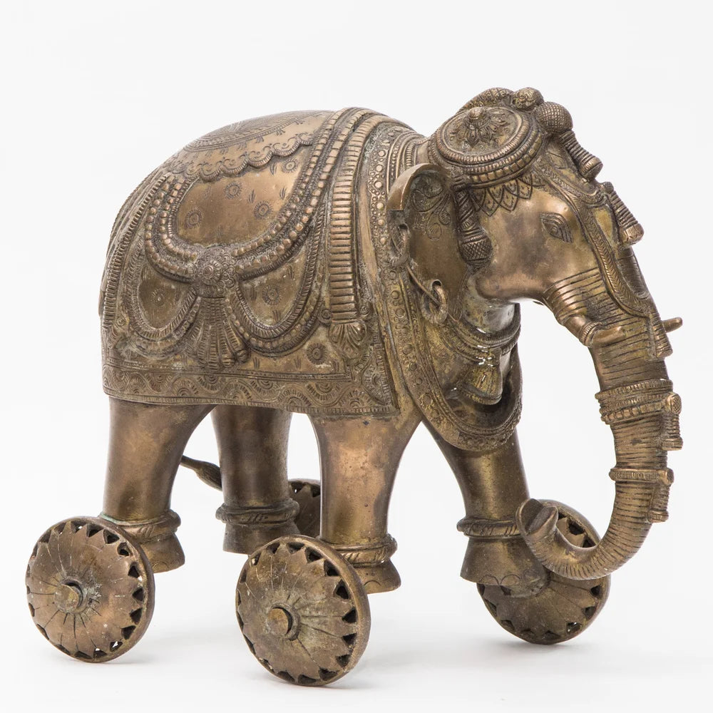 SC001 ONE OF A KIND BRASS ELEPHANT ON WHEELS - HANDMADE DETAILS