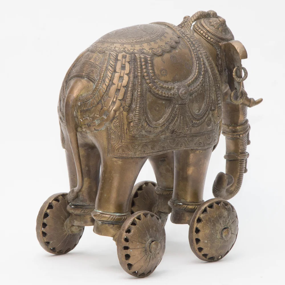 SC001 ONE OF A KIND BRASS ELEPHANT ON WHEELS - HANDMADE DETAILS