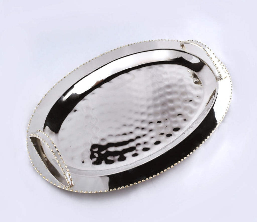 AC-T009  NICKEL AND GOLD OVAL BEAD HANDLE TRAY
