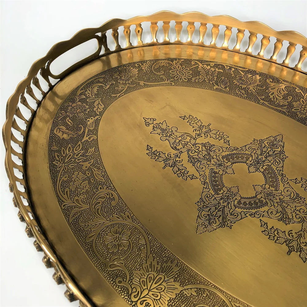 AC-T007 ANTIQUE BRASS DECOR OVAL TRAY WITH HANDLES