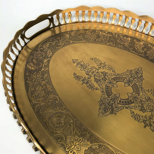 AC-T007 ANTIQUE BRASS DECOR OVAL TRAY WITH HANDLES