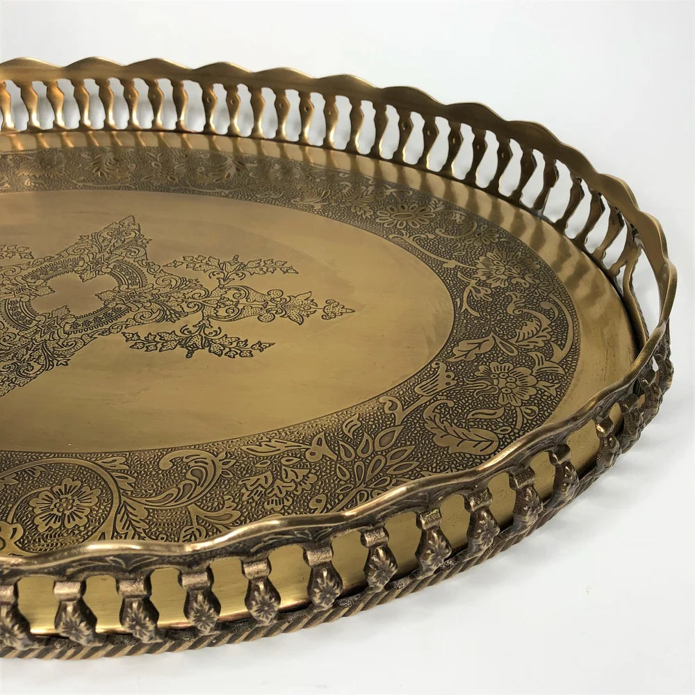 AC-T007 ANTIQUE BRASS DECOR OVAL TRAY WITH HANDLES