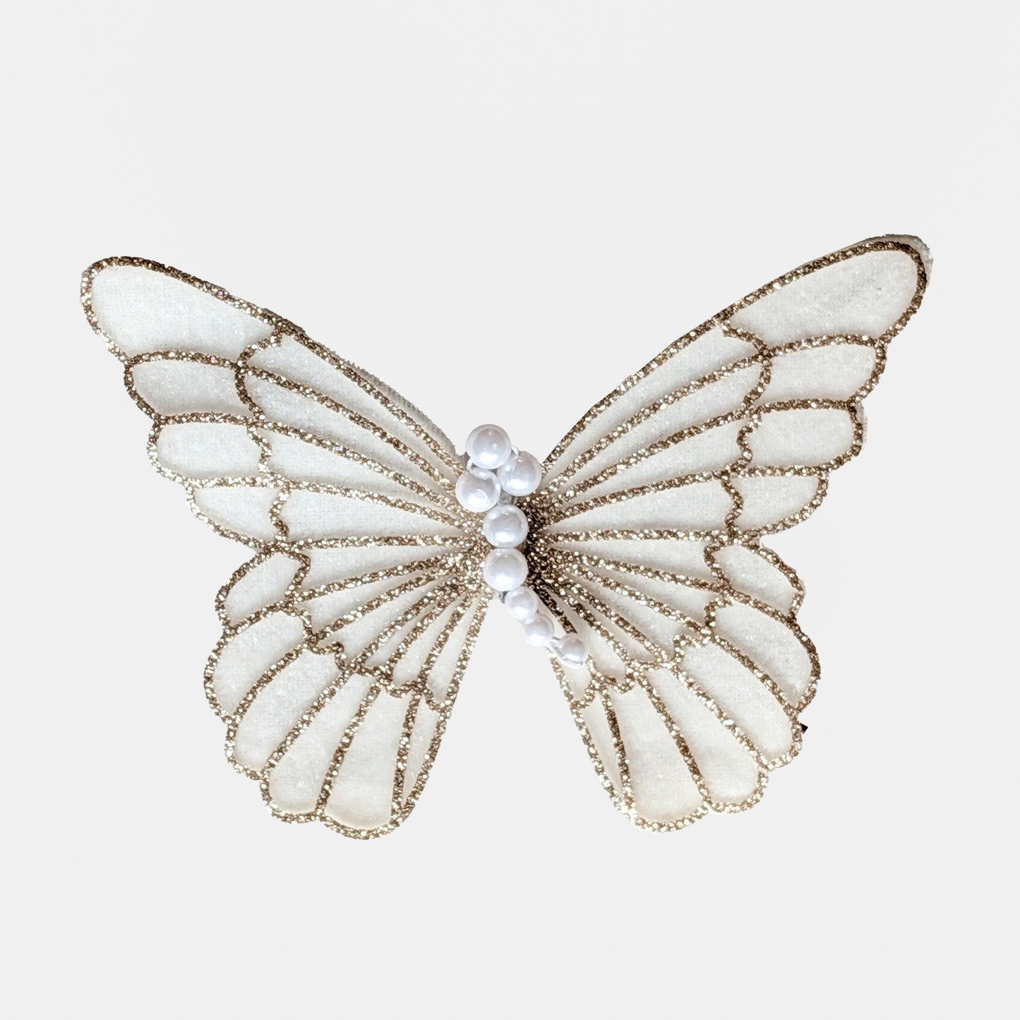 BUTTERFLIES - WHITE PEARL AND WHITE VELVET WINGS WITH GOLDEN DETAILS - SET OF THREE