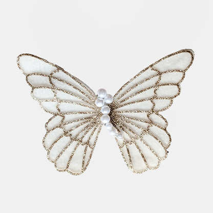 BUTTERFLIES - WHITE PEARL AND WHITE VELVET WINGS WITH GOLDEN DETAILS - SET OF THREE