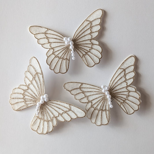 BUTTERFLIES - WHITE PEARL AND WHITE VELVET WINGS WITH GOLDEN DETAILS - SET OF THREE