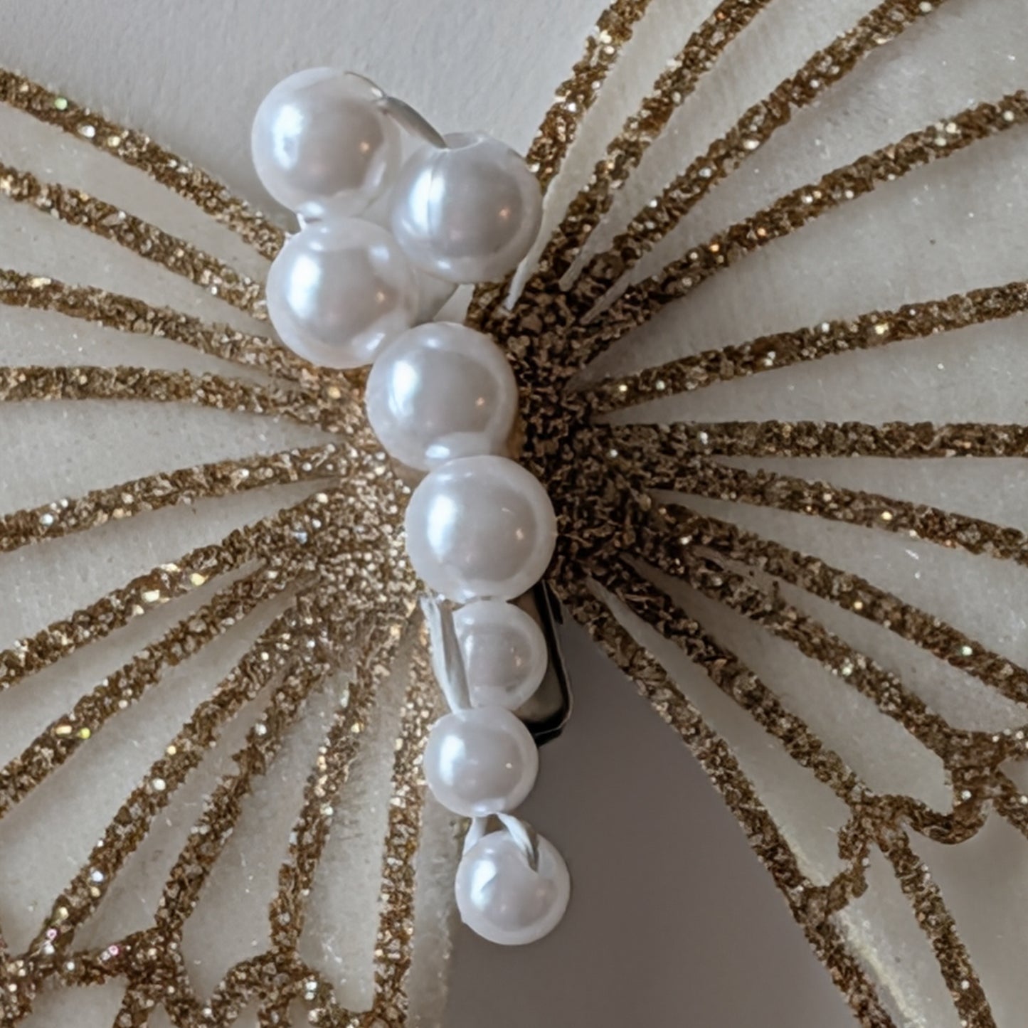 BUTTERFLIES - WHITE PEARL AND WHITE VELVET WINGS WITH GOLDEN DETAILS - SET OF THREE